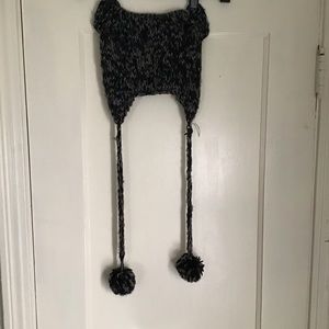 Grey & black beanie with ears and Pom poms on the strings